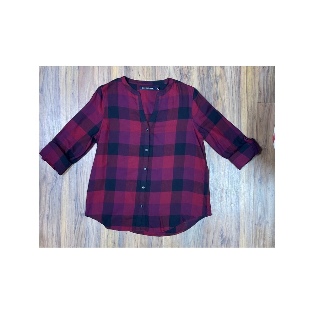 Calvin Klein Jeans Plaid Button Down Shirt M Red Black Buffalo Check Roll Tab - Picture 2 of 7